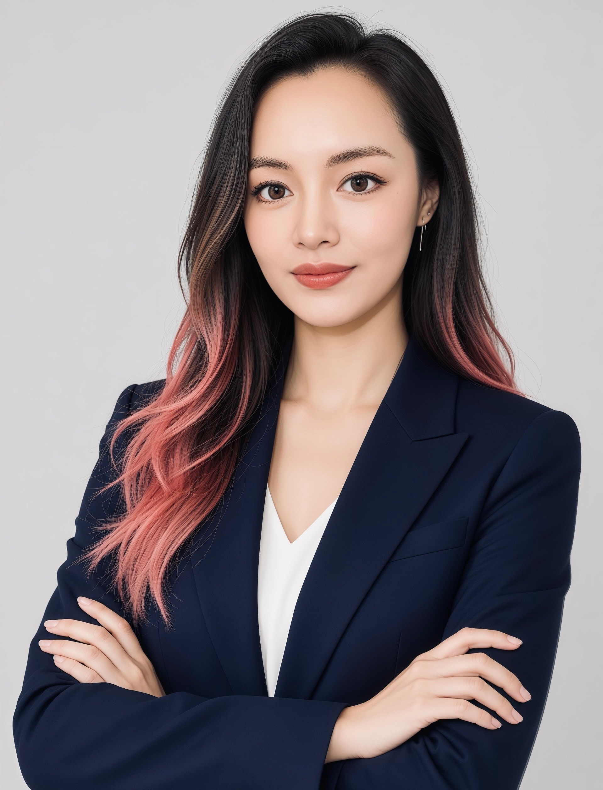 Ziki with pink ombre hair wearing a navy blazer