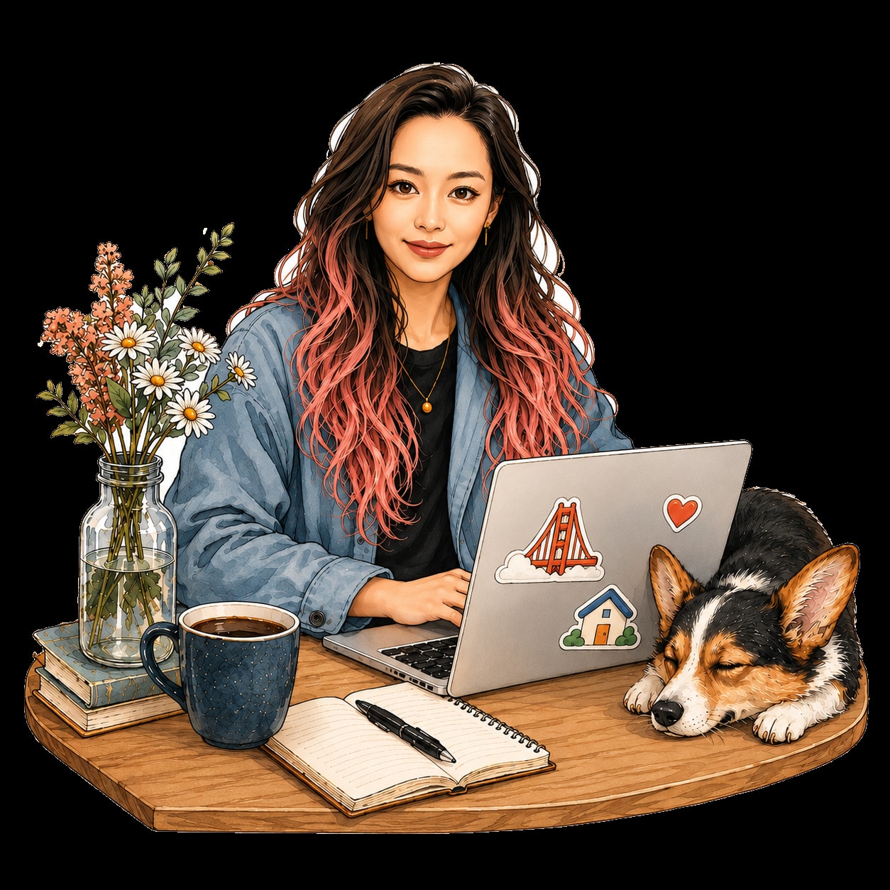 Ziki at her laptop with her tricolor corgi