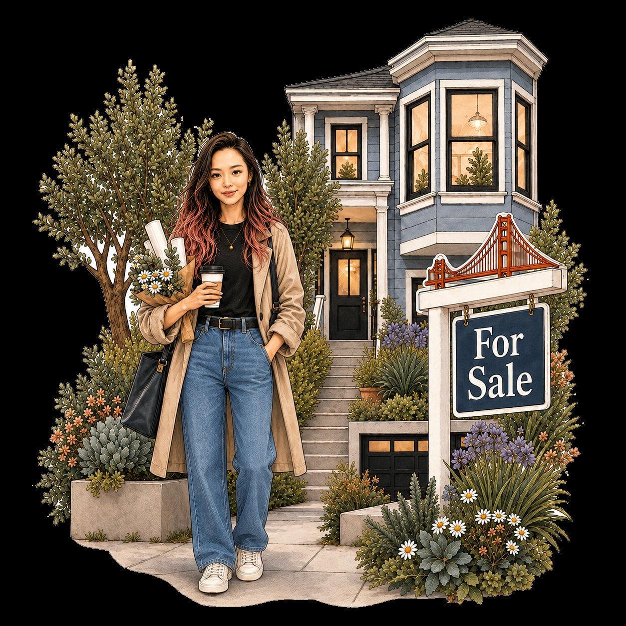 Ziki in jeans beside a home and a For Sale sign